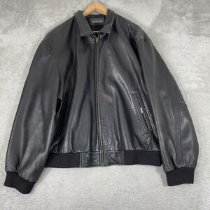 Golden Bear Bomber Jacket Mens XL Black Leather Full Zip Ribbed Trim Classic
